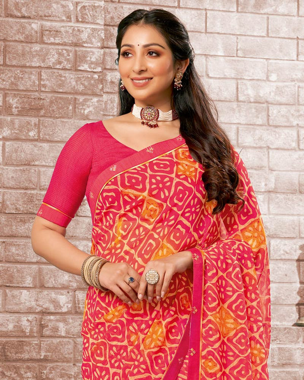 Vishal Prints Red Pink Printed Georgette Saree With Fancy Border