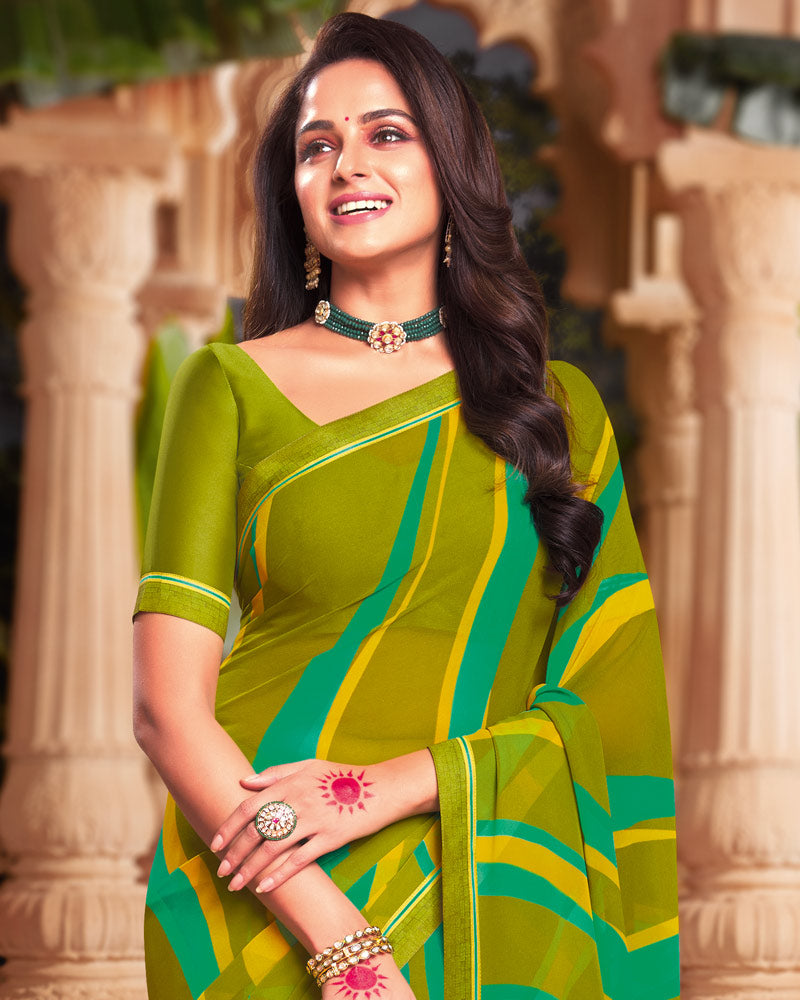 Vishal Prints Mehandi Green Printed Georgette Saree With Fancy Border