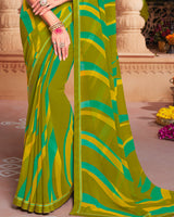 Vishal Prints Mehandi Green Printed Georgette Saree With Fancy Border