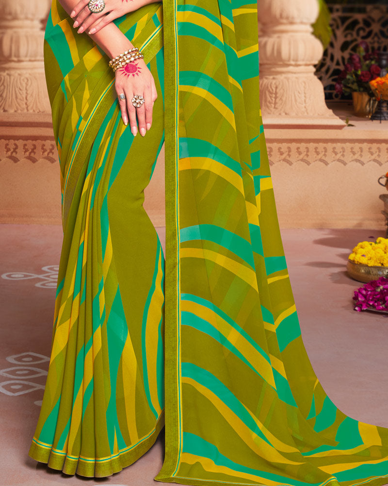 Vishal Prints Mehandi Green Printed Georgette Saree With Fancy Border