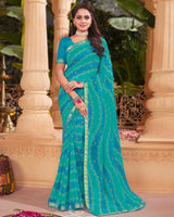 Vishal Prints Dark Turquoise Blue Printed Georgette Saree With Fancy Border