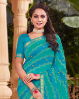 Vishal Prints Dark Turquoise Blue Printed Georgette Saree With Fancy Border