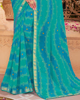 Vishal Prints Dark Turquoise Blue Printed Georgette Saree With Fancy Border
