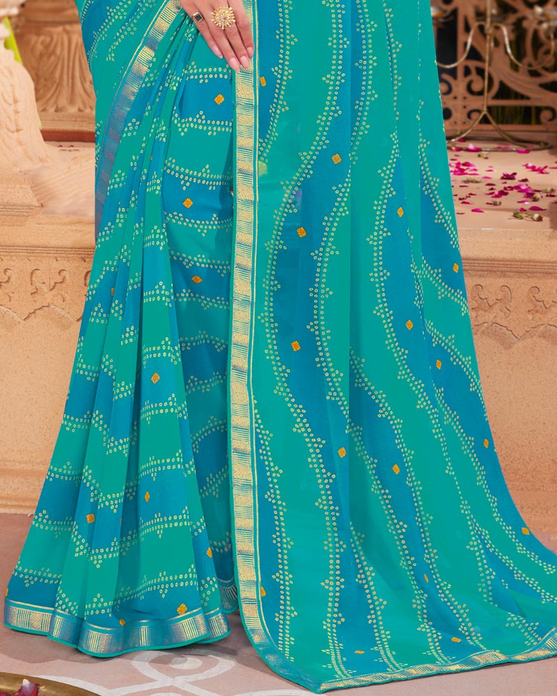 Vishal Prints Dark Turquoise Blue Printed Georgette Saree With Fancy Border