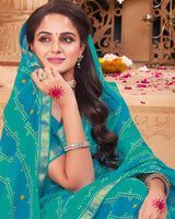 Vishal Prints Dark Turquoise Blue Printed Georgette Saree With Fancy Border