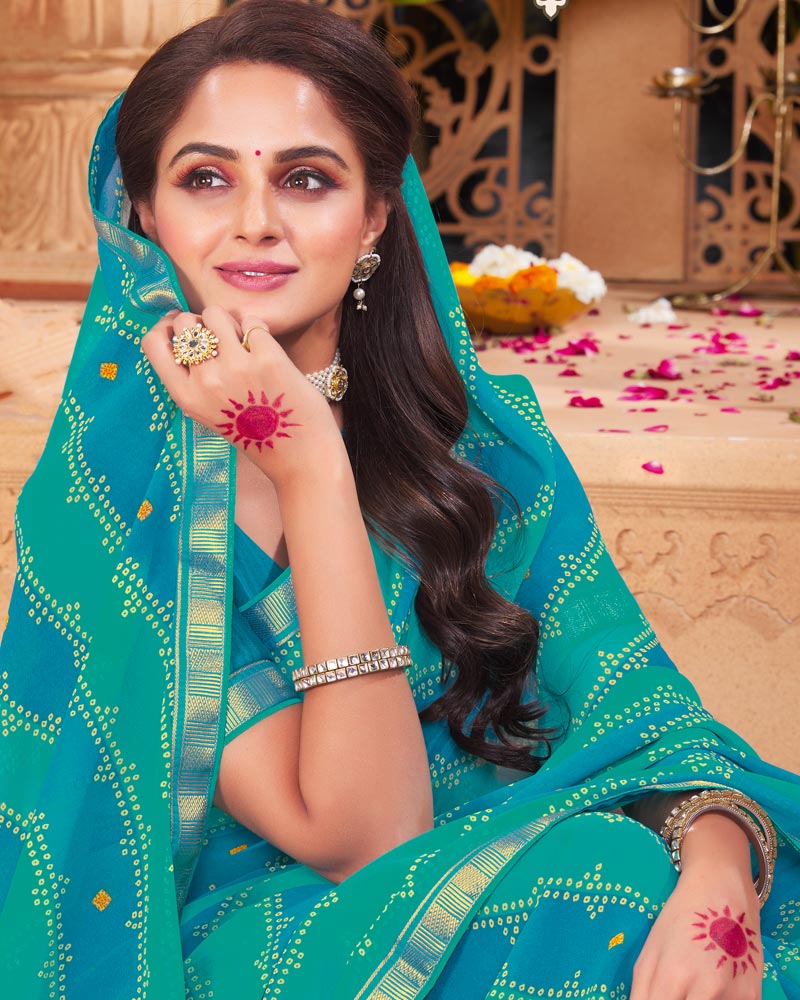 Vishal Prints Dark Turquoise Blue Printed Georgette Saree With Fancy Border