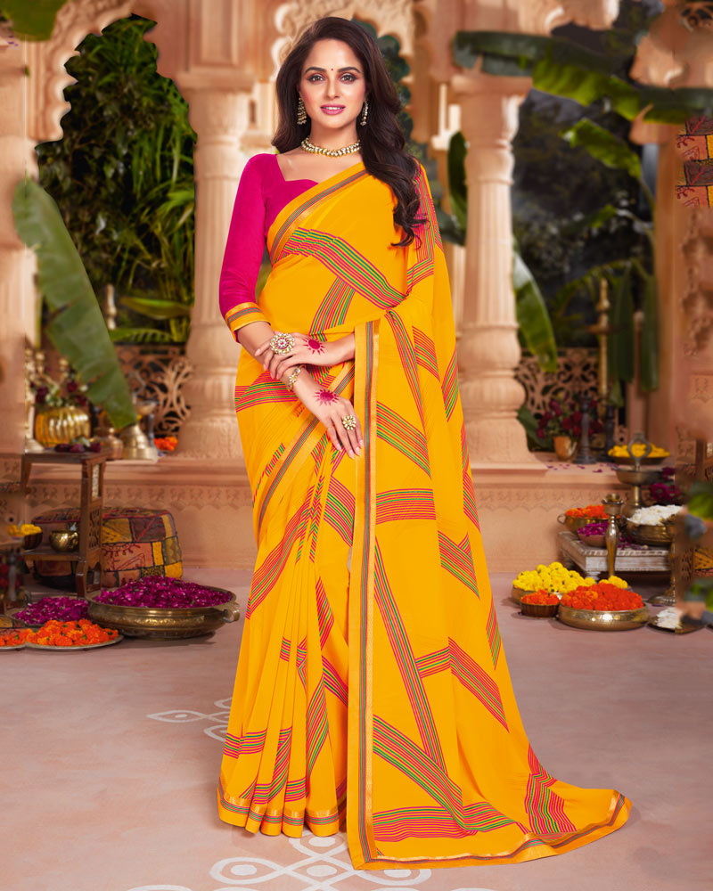 Vishal Prints Dark Yellow Printed Georgette Saree With Fancy Border