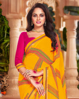 Vishal Prints Dark Yellow Printed Georgette Saree With Fancy Border