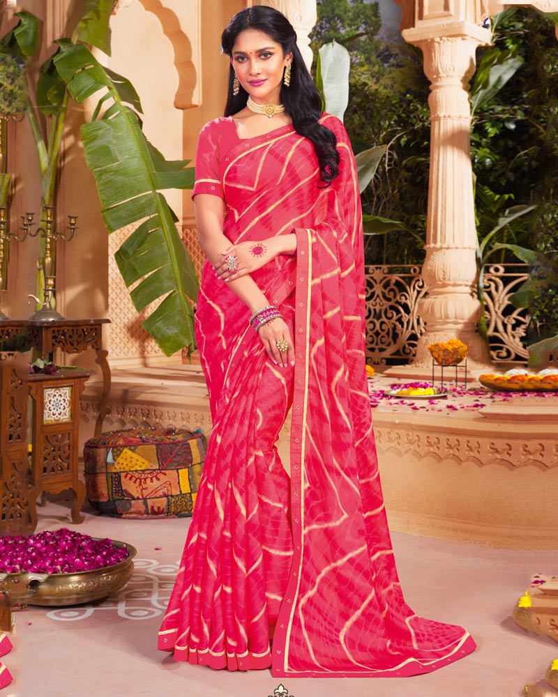 Vishal Prints Red Pink Printed Chiffon Saree With Fancy Border