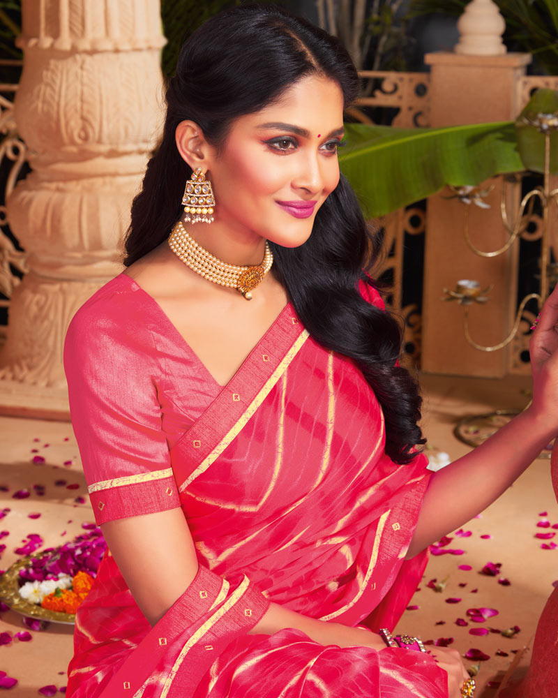 Vishal Prints Red Pink Printed Chiffon Saree With Fancy Border