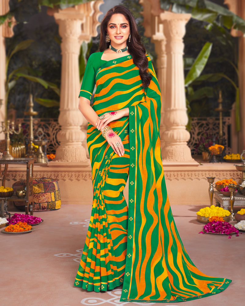 Vishal Prints Dark Green Printed Georgette Saree With Fancy Border
