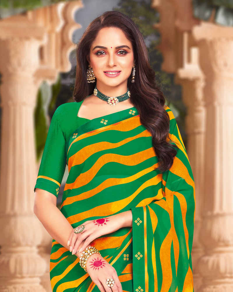 Vishal Prints Dark Green Printed Georgette Saree With Fancy Border