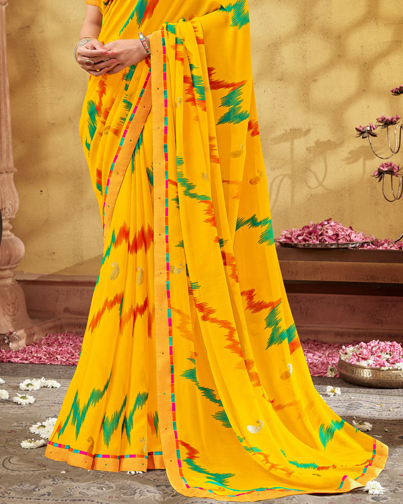 Vishal Prints Dark Yellow Printed Georgette Saree With Foil Print And Fancy Border