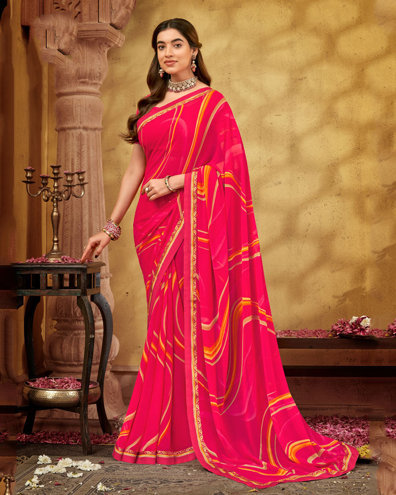 Vishal Prints Red Pink Printed Georgette Saree With Fancy Border