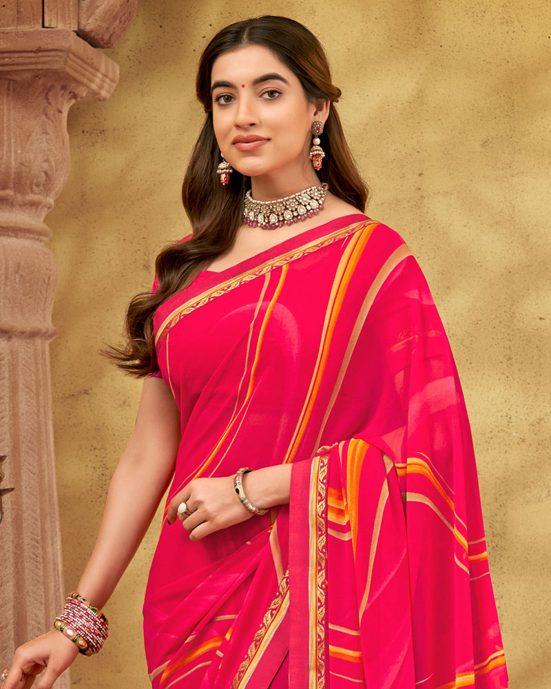Vishal Prints Red Pink Printed Georgette Saree With Fancy Border