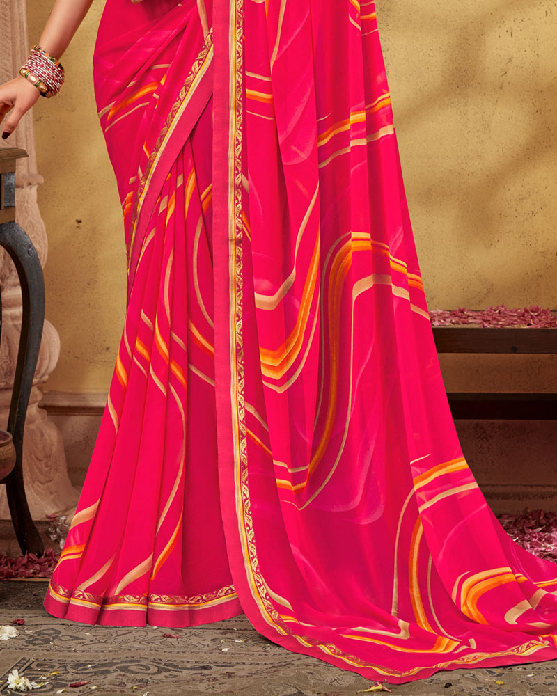 Vishal Prints Red Pink Printed Georgette Saree With Fancy Border