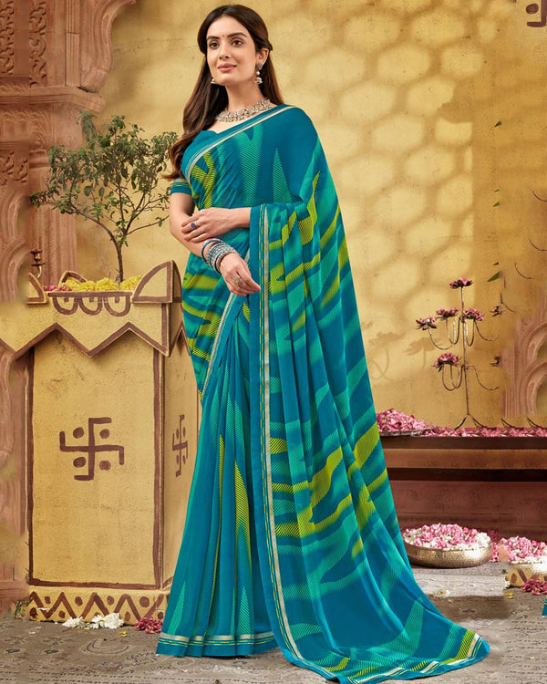 BalaJi Fab Peacock Blue Printed Georgette Saree With Fancy Border