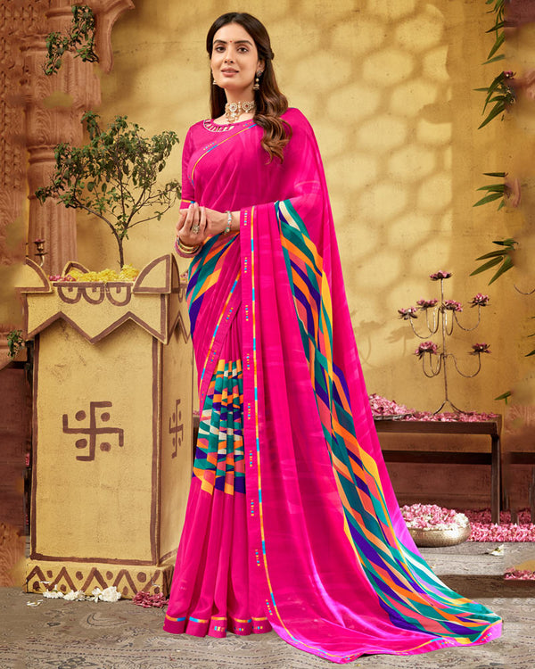 BalaJi Fab Hot Pink Printed Georgette Saree With Fancy Border
