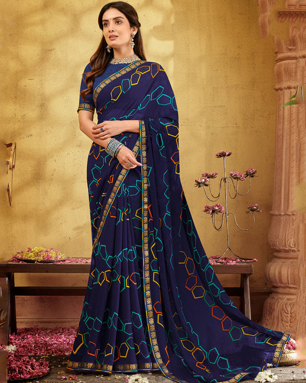 BalaJi Fab Navy Blue Printed Georgette Saree With Fancy Border