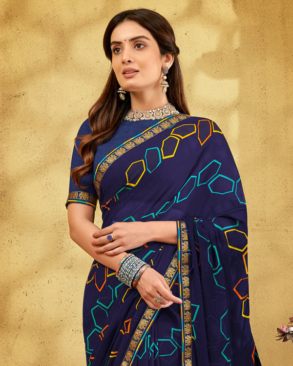 BalaJi Fab Navy Blue Printed Georgette Saree With Fancy Border