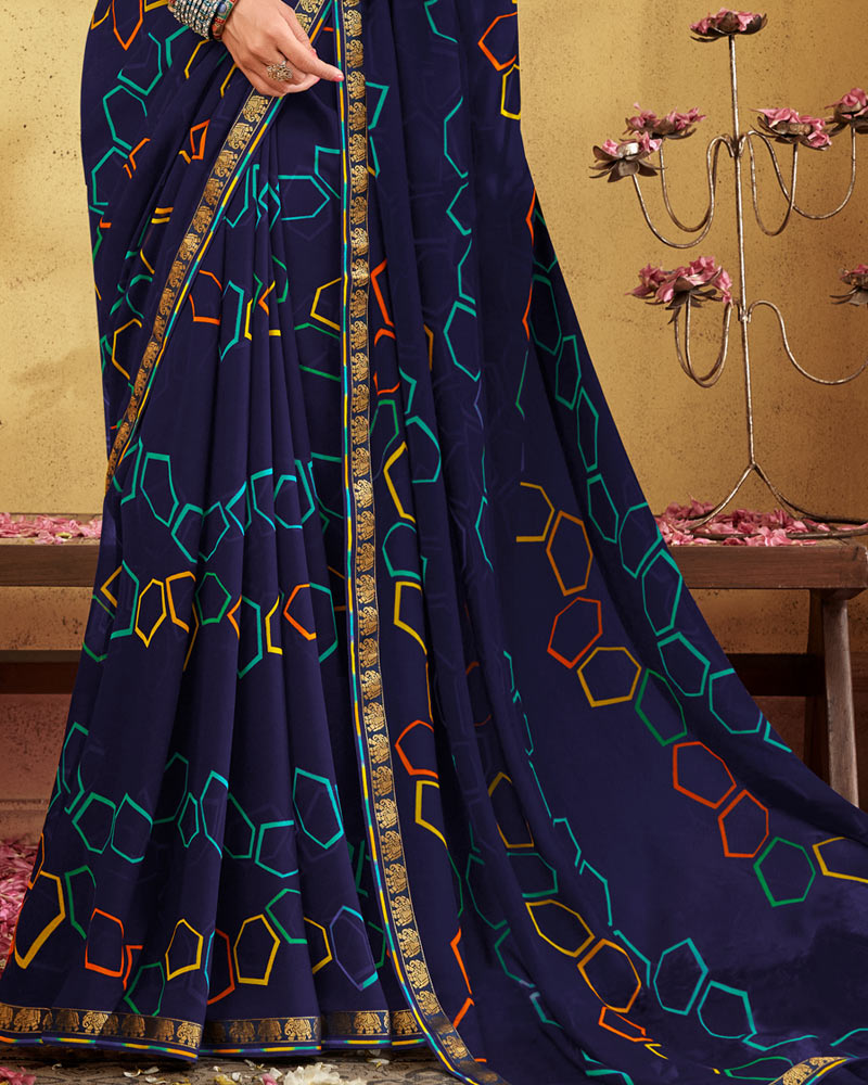 Vishal Prints Navy Blue Printed Georgette Saree With Fancy Border