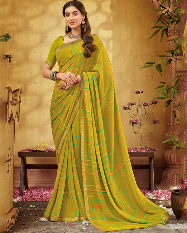 BalaJi Fab Olive Green Printed Georgette Saree With Fancy Border