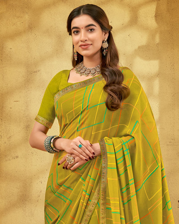 BalaJi Fab Olive Green Printed Georgette Saree With Fancy Border