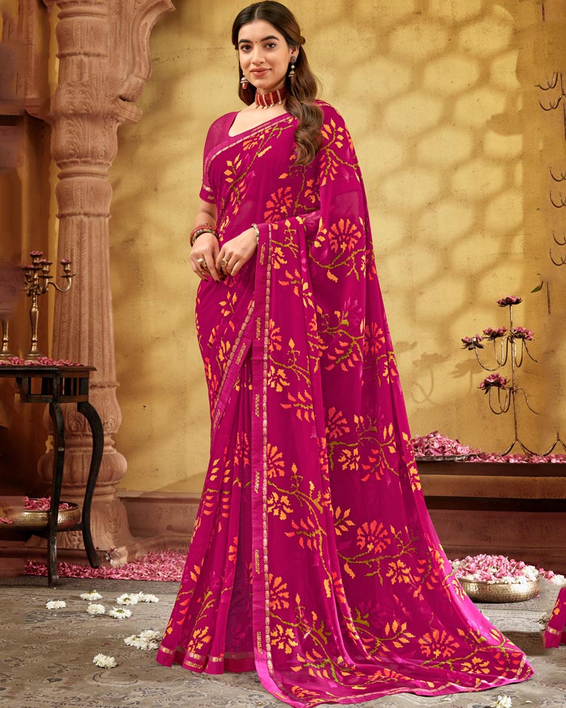 Vishal Prints Dark Fuchsia Printed Georgette Saree With Fancy Border