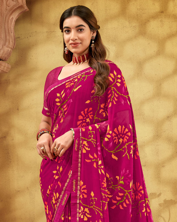 Vishal Prints Dark Fuchsia Printed Georgette Saree With Fancy Border