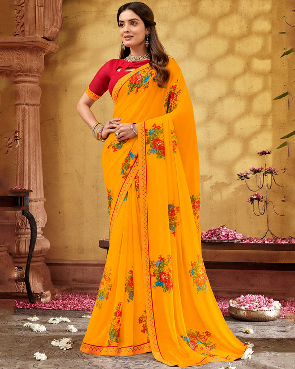 BalaJi Fab Saffron Color Printed Georgette Saree With Fancy Border