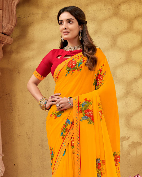 Vishal Prints Saffron Color Printed Georgette Saree With Fancy Border