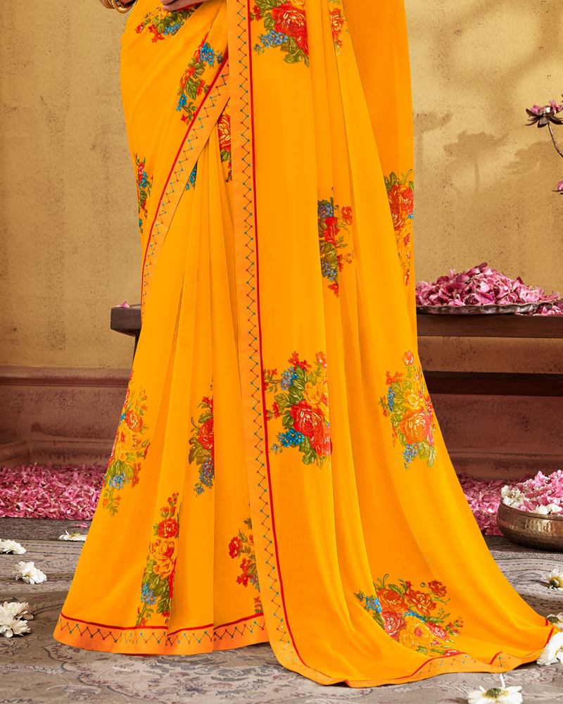 Vishal Prints Saffron Color Printed Georgette Saree With Fancy Border