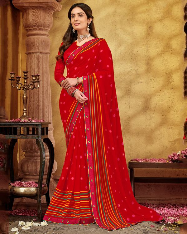 BalaJi Fab Cherry Red Printed Georgette Saree With Fancy Border