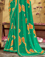 Vishal Prints Dark Green Printed Georgette Saree With Fancy Border