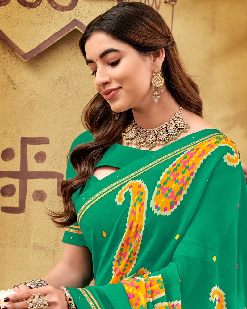Vishal Prints Dark Green Printed Georgette Saree With Fancy Border