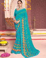 Vishal Prints Dark Turquoise Blue Printed Georgette Saree With Fancy Border