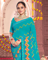 Vishal Prints Dark Turquoise Blue Printed Georgette Saree With Fancy Border