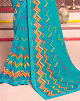 Vishal Prints Dark Turquoise Blue Printed Georgette Saree With Fancy Border