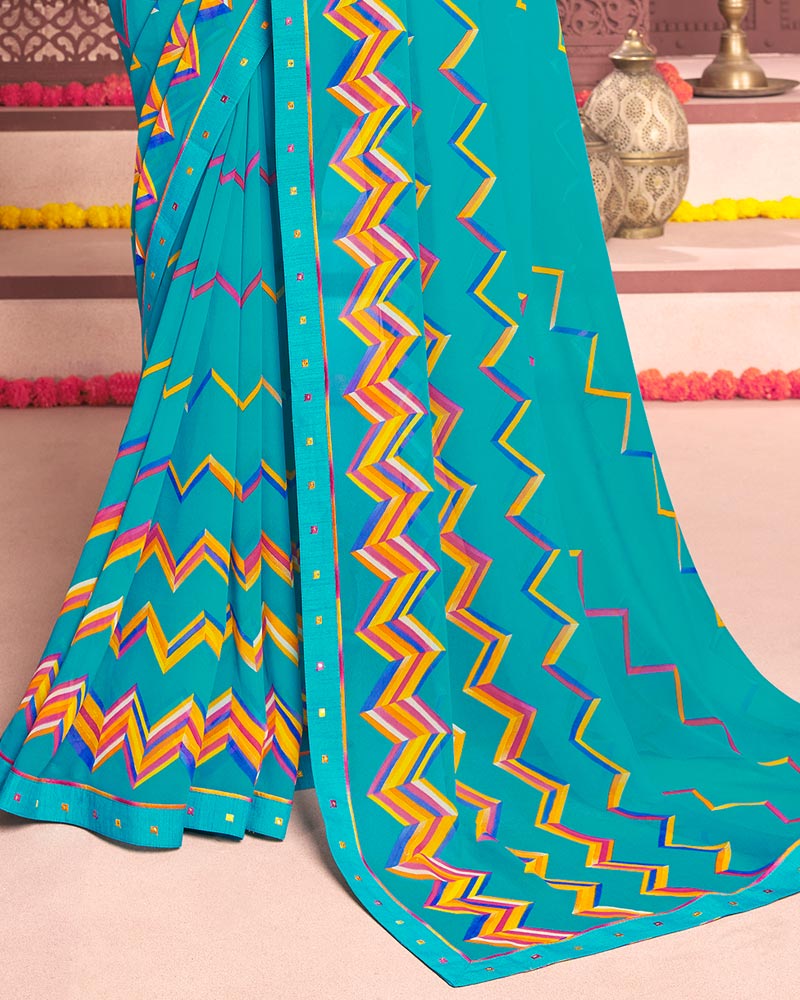 Vishal Prints Dark Turquoise Blue Printed Georgette Saree With Fancy Border