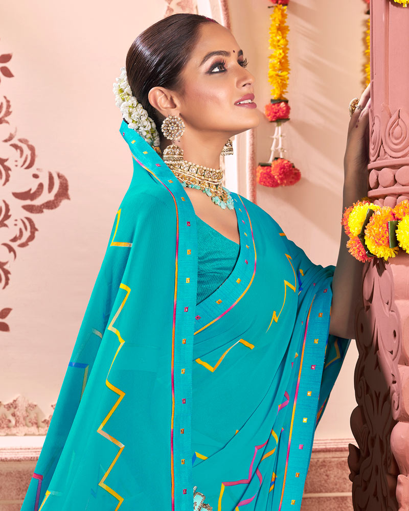Vishal Prints Dark Turquoise Blue Printed Georgette Saree With Fancy Border