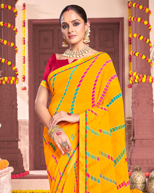 Vishal Prints Dark Yellow Printed Georgette Saree With Fancy Border