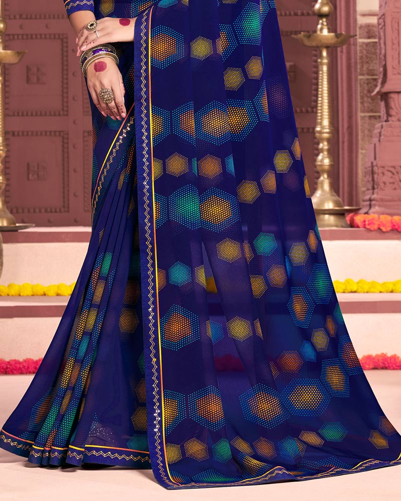 Vishal Prints Navy Blue Printed Georgette Saree With Fancy Border