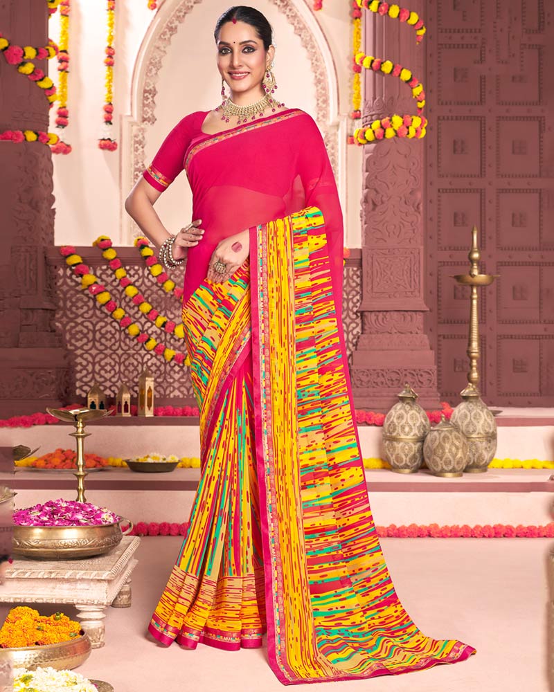 Vishal Prints Pinkish Red Printed Georgette Saree With Fancy Border