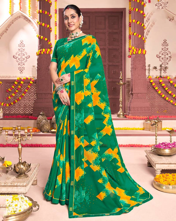 Vishal Prints Dark Sea Green Printed Georgette Saree With Fancy Border