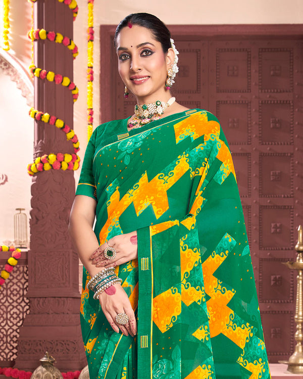 Vishal Prints Dark Sea Green Printed Georgette Saree With Fancy Border