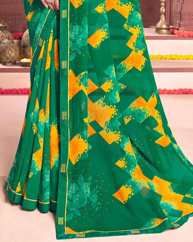 Vishal Prints Dark Sea Green Printed Georgette Saree With Fancy Border