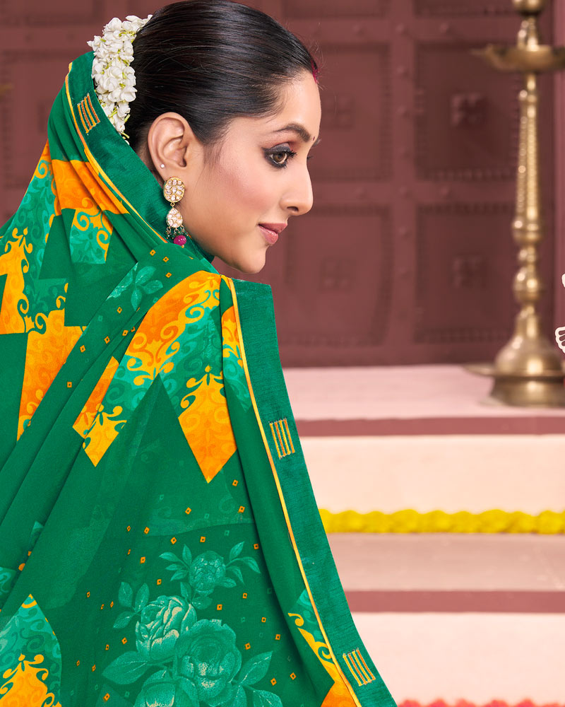 Vishal Prints Dark Sea Green Printed Georgette Saree With Fancy Border