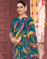 Vishal Prints Peacock Blue Printed Georgette Saree With Fancy Border