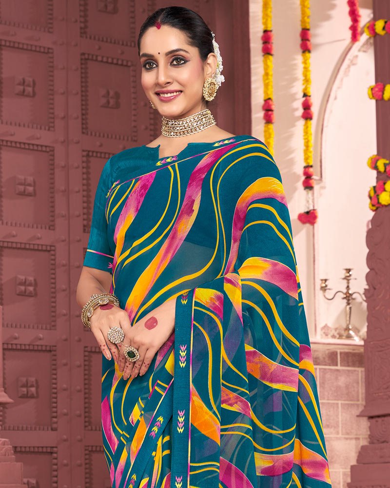 Vishal Prints Peacock Blue Printed Georgette Saree With Fancy Border