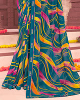 Vishal Prints Peacock Blue Printed Georgette Saree With Fancy Border